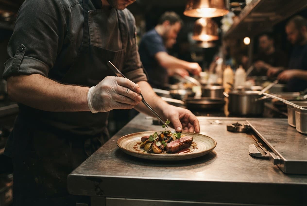 De chef legt de laatste kruiden op een bord in de keuken
