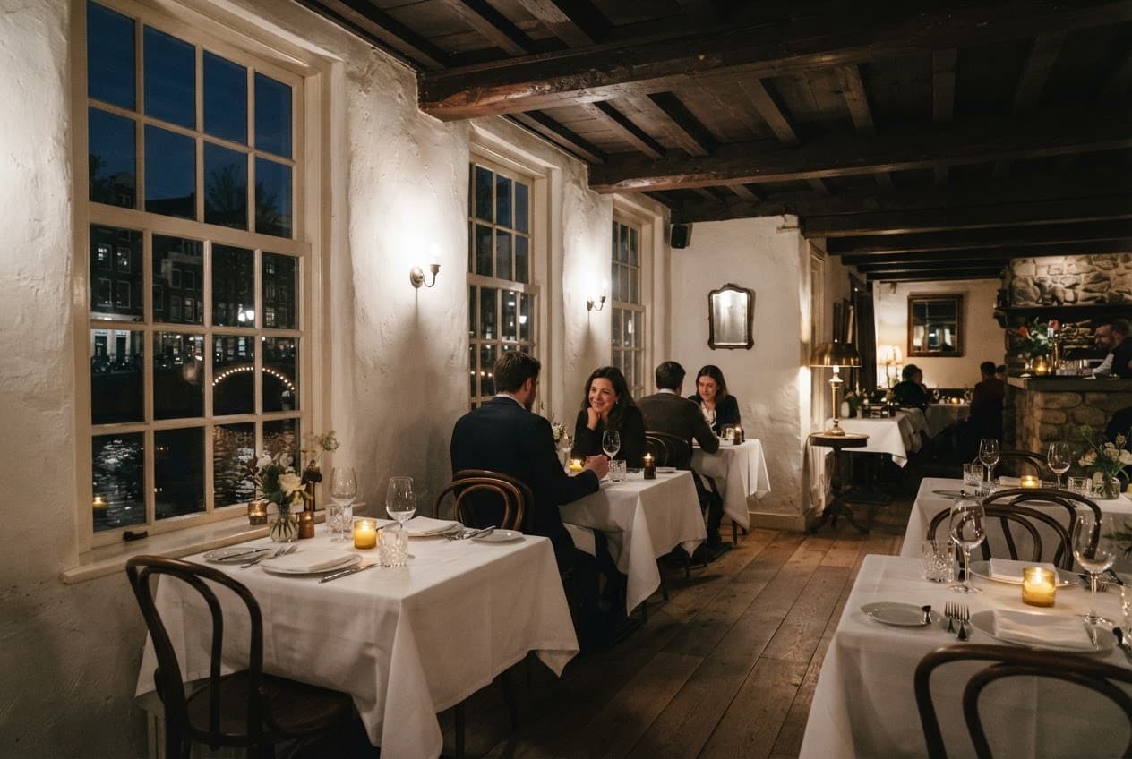 De eetzaal met warme muren, kaarslicht en uitzicht op de gracht