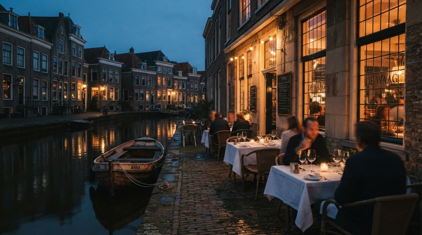 Het terras van La Locanda aan de Bierkade in Alkmaar bij avondlicht