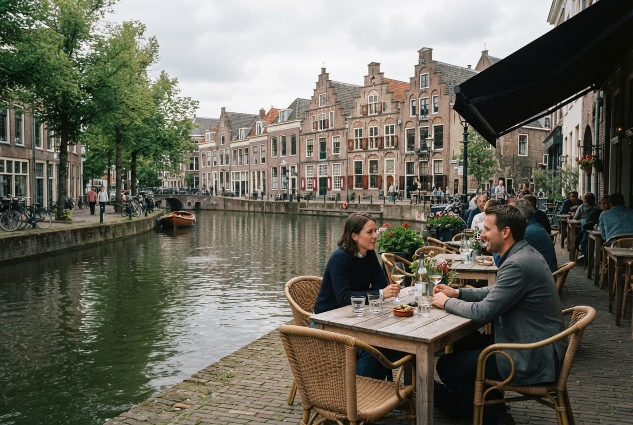 Tafels op de kade langs het water bij daglicht