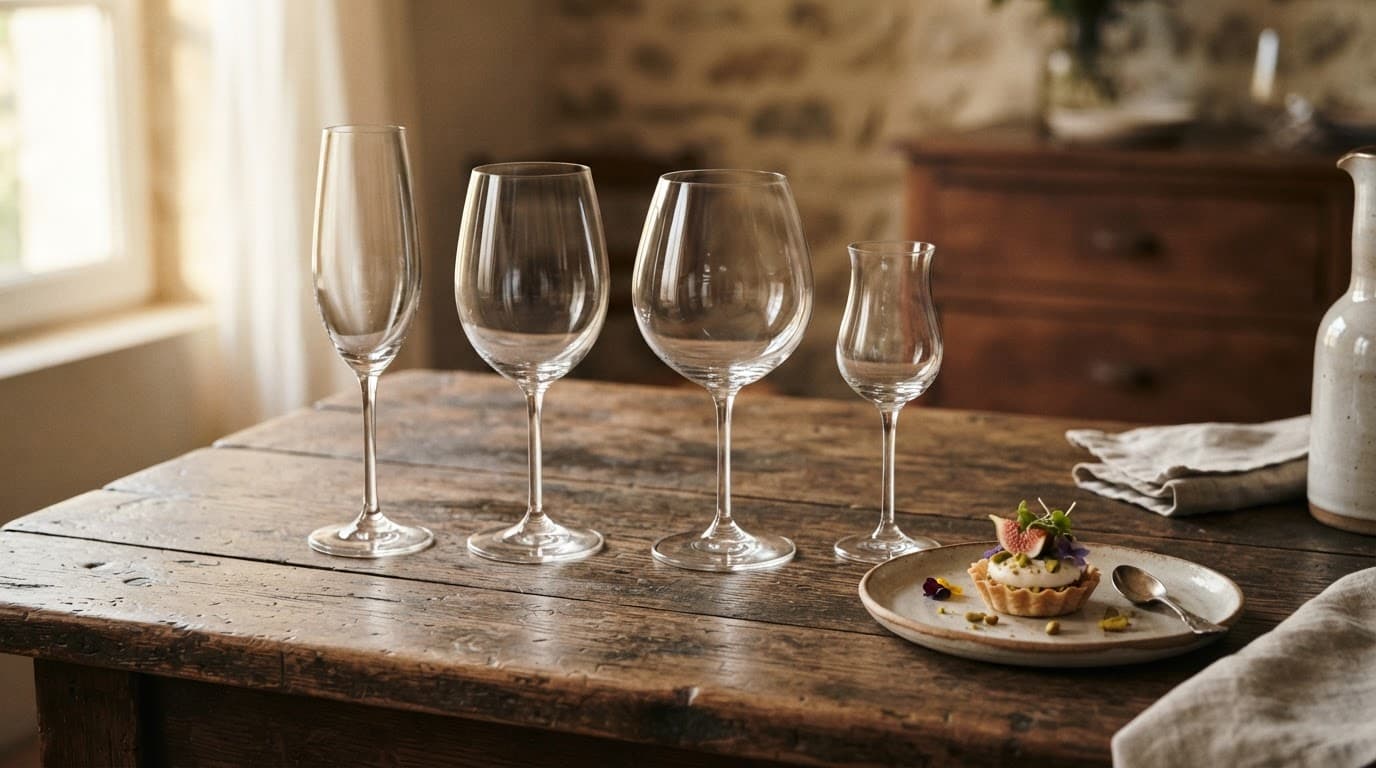 Vier wijnglazen op tafel naast een klein gerecht