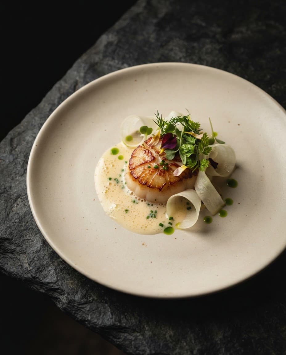 Kort gebrande gamba met dashi en shiso — een gang uit het chef’s menu